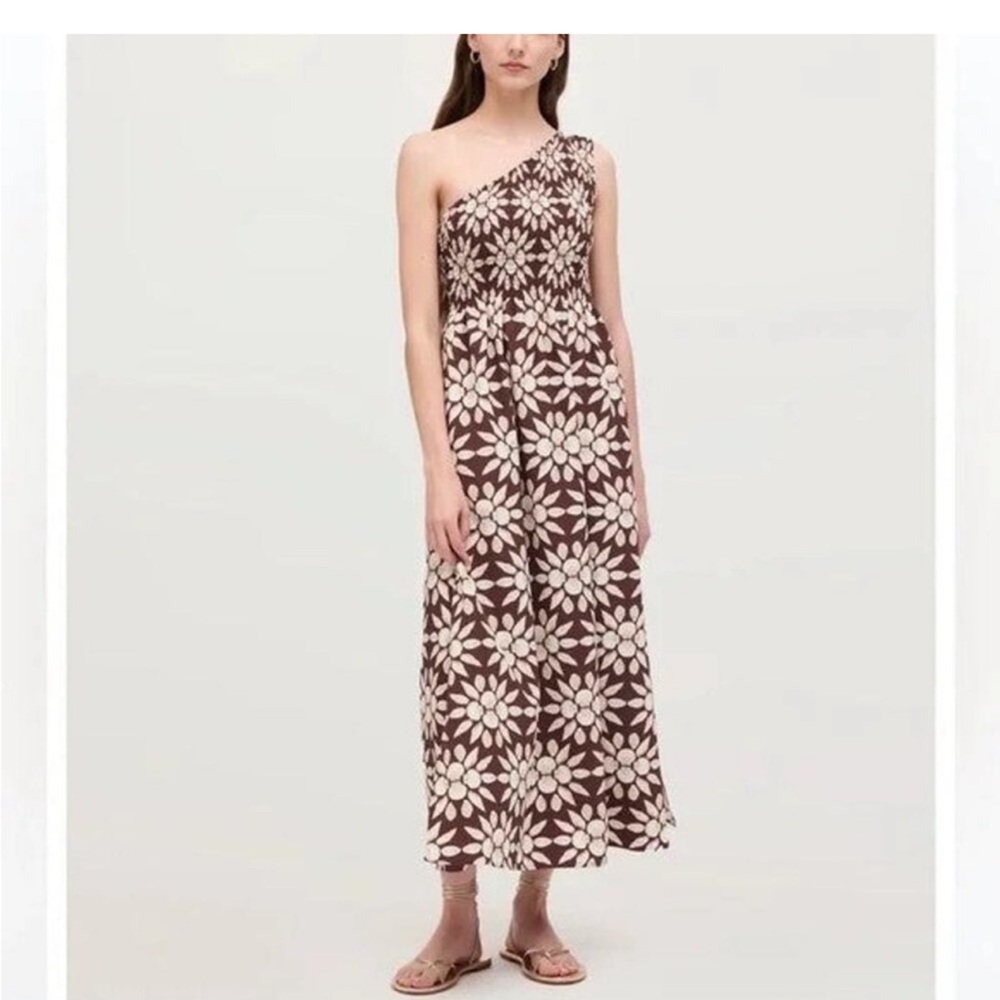 Hill House One-Shoulder Maxi Dress Brown/Cream with Nautilus Themes Print